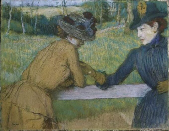 Deux femmes parlant à une clôture - Edgar Degas - Reproductions de tableaux et peintures haut de gamme