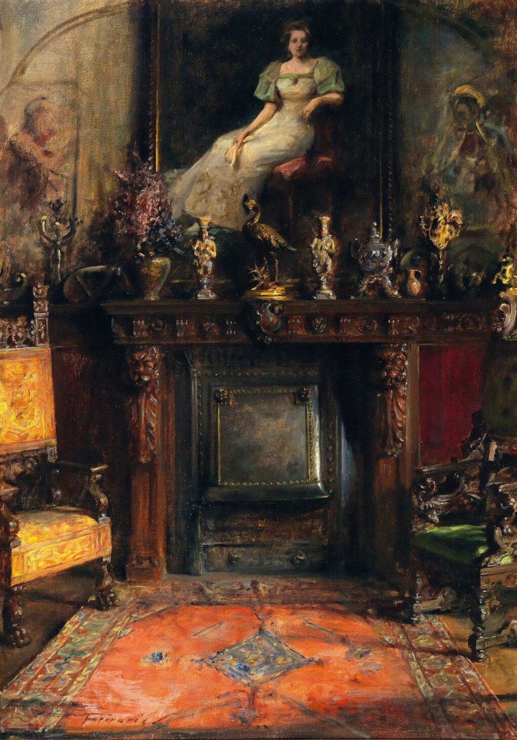 Interior with a View of a Fireplace and a Painting – Arthur von Ferraris