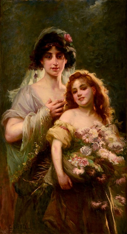 Portrait of Mother and Daughter with Flowers – Cesare-Auguste Detti Cesare-Auguste Detti