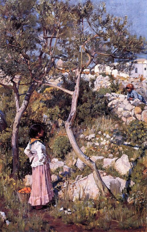 Two Little Italian Girls by a Village – John William Waterhouse John William Waterhouse